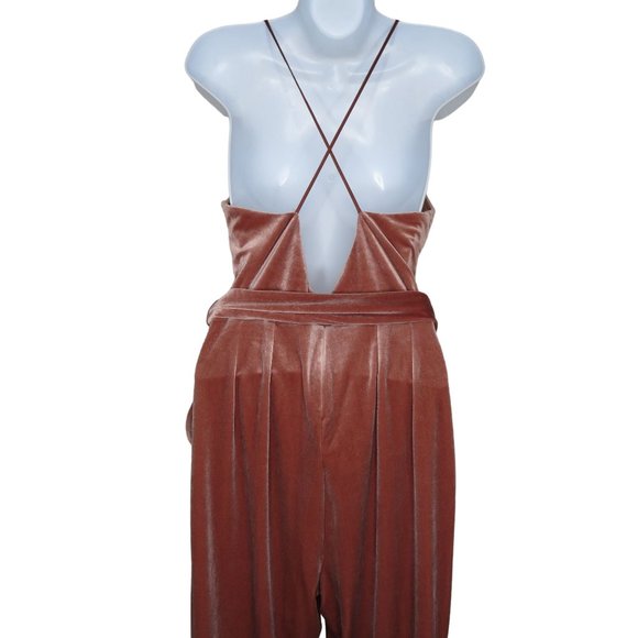 Vintage EXPRESS Velour Jumpsuit XS Pink Deep V Strappy Belted Pockets Back Zip - Picture 6 of 10